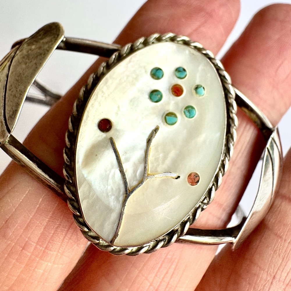 VTG Zuni Inlay Flower Cuff Bracelet 6in Turquoise Sterling Native American - Picture 2 of 9
